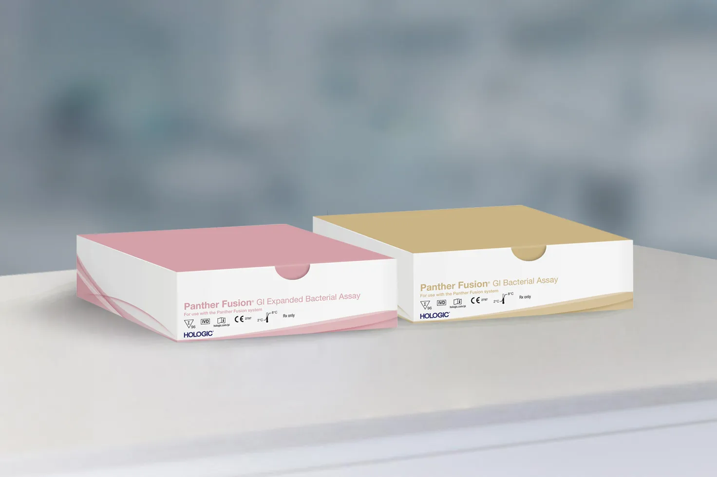 Two assay boxes in lab background